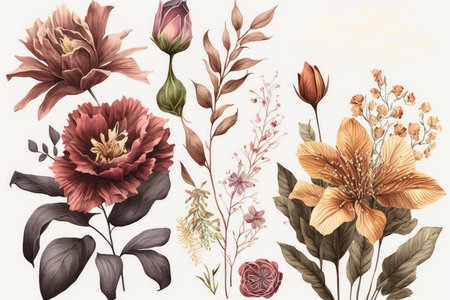 Set of vector flowers and leaves in vintage style. Hand drawn botanical illustration.の素材