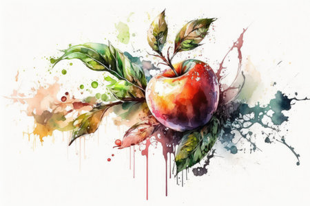 Watercolor painting of apple with leaves and splashes on white backgroundの素材