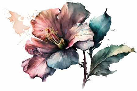 Watercolor hibiscus flower. Hand painted illustration isolated on white backgroundの素材