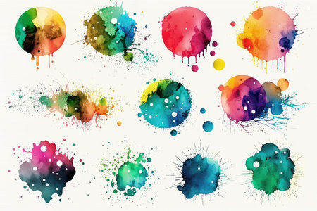 Colorful watercolor paint splashes and blots on white backgroundの素材