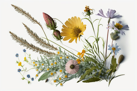 Flower composition. Dried flowers, wildflowers and grass on white background.の素材