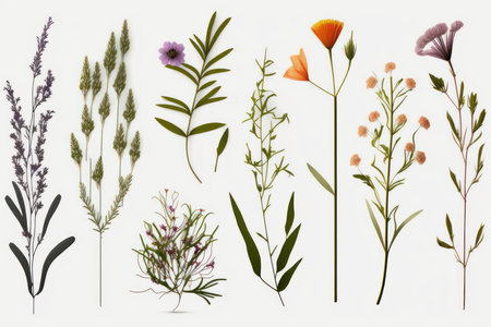 Set of different wildflowers isolated on white background. Vector illustration.の素材