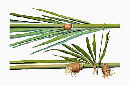 Bamboo stems with leaves isolated on white background. Watercolor illustration.の素材