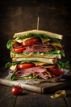 Sandwich with ham, cheese, tomatoes and lettuce on wooden backgroundの素材