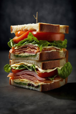 Sandwich with ham, cheese, tomato and lettuce on black backgroundの素材