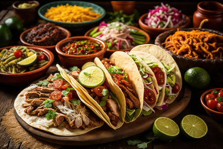 Traditional mexican tacos with beef and vegetables on rustic backgroundの素材