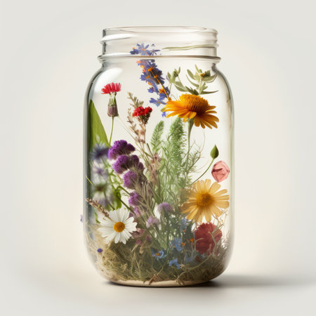 Glass jar with wildflowers on a white background. 3d renderingの素材