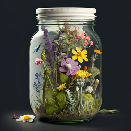 Glass jar with wild flowers on dark background. 3D illustration.の素材
