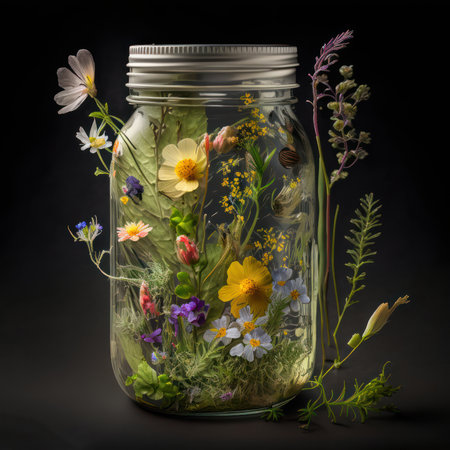 Glass jar with wild flowers on a black background. 3d renderingの素材