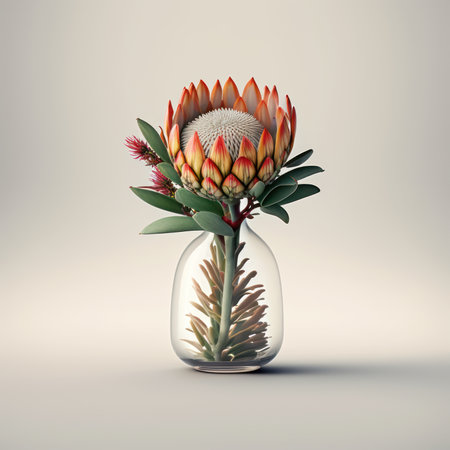 Protea flower in a glass vase. 3d renderingの素材