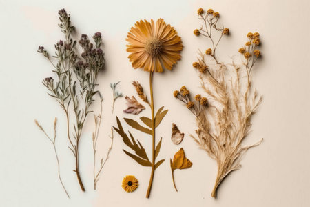 Dried flowers on white background. Flat lay, top view.の素材