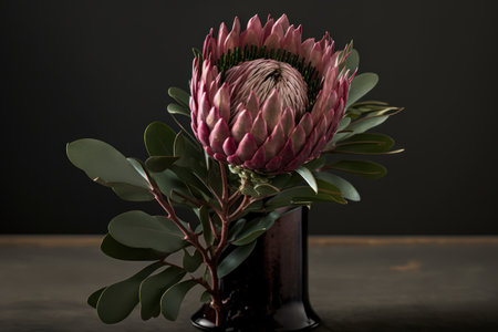 Beautiful protea flower in vase on wooden table against black backgroundの素材