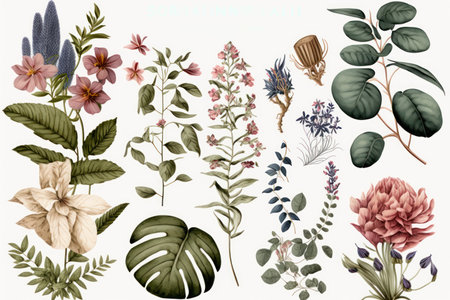 Set of hand drawn flowers and leaves. Botanical vector illustration.の素材