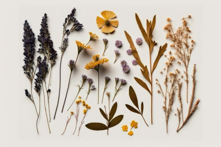 Various dried flowers and herbs on white background. Flat lay, top view.の素材