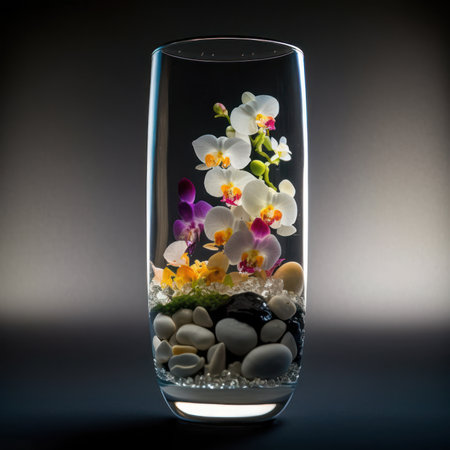 Glass vase with orchids and pebbles on dark backgroundの素材