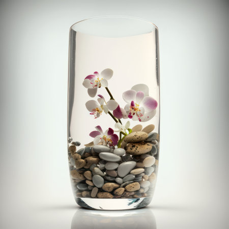 Glass vase with orchids and pebbles on white backgroundの素材