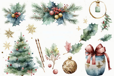 Watercolor Christmas set. Hand painted illustration on white background. New Year elements.の素材