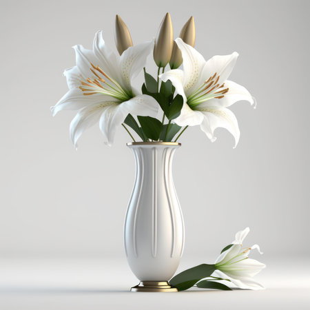 White lilies in a vase on a gray background. 3d renderingの素材