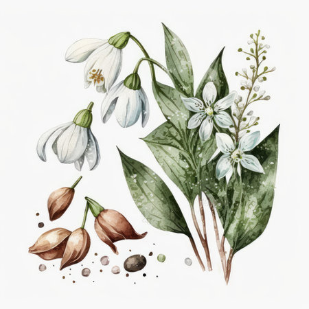 Watercolor illustration of snowdrops with leaves and seeds isolated on white backgroundの素材