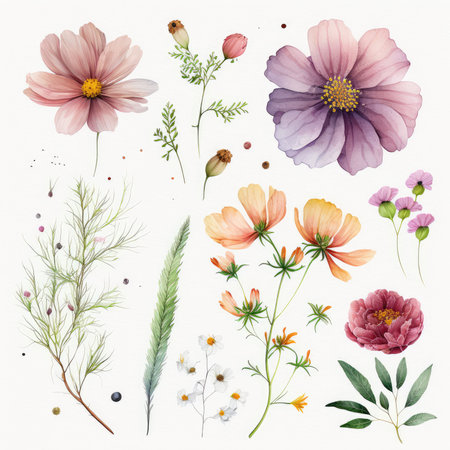 Beautiful watercolor set of flowers on white background. Hand drawn illustrationの素材