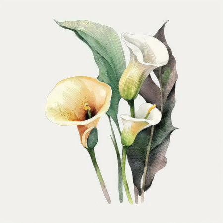 Hand drawn calla lilies with leaves. Watercolor illustration.の素材