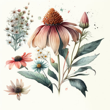 Watercolor Echinacea flower bouquet. Hand drawn illustration.の素材