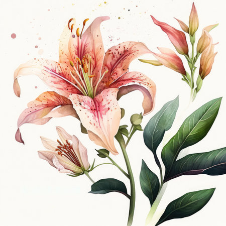 Bouquet of pink lilies on a white background. Watercolor illustrationの素材