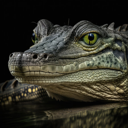 Crocodile portrait on black background. 3d illustration.の素材