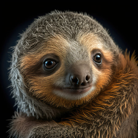 3D digital render of a cute baby sloth isolated on black backgroundの素材