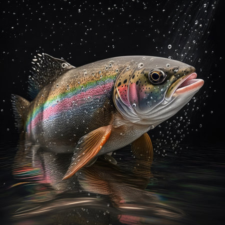Rainbow trout in water on a black background. 3d renderingの素材