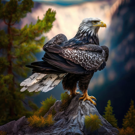 Bald Eagle on a rock in the forest. 3d renderの素材
