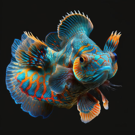 Colorful fish isolated on black background. Close-up of a colorful fish.の素材