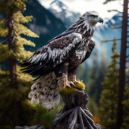 White-tailed eagle on a tree stump in the forest. 3d renderingの素材