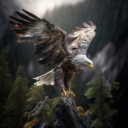 Bald Eagle flying on a rock in the forest. 3d renderingの素材