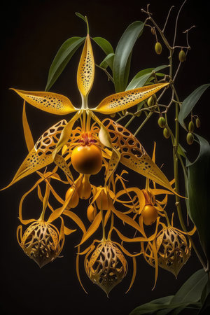Beautiful yellow orchids on a black background. Studio photography.の素材