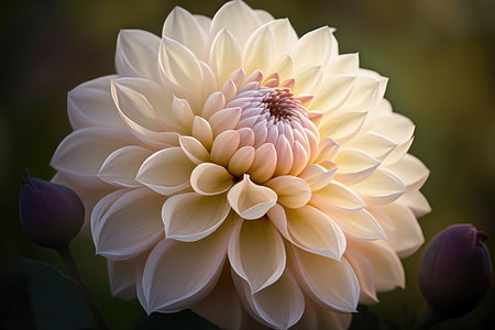 White dahlia flower close-up on a dark background.の素材