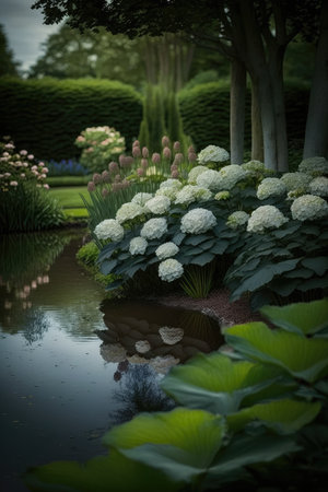 Beautiful garden with blooming hydrangeas and lily padsの素材