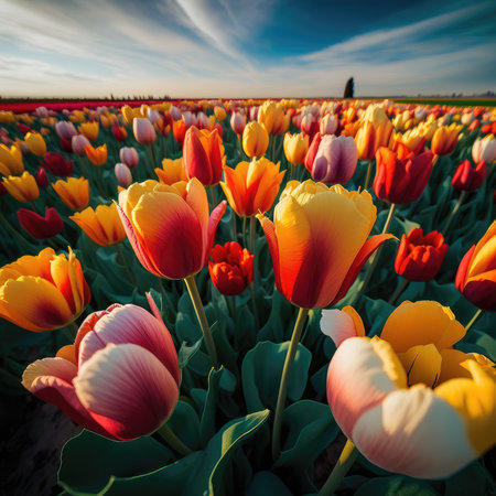 Colorful tulip flowers blooming in an agricultural field in Hollandの素材