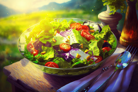 Healthy salad in a glass bowl on a wooden table with cutleryの素材