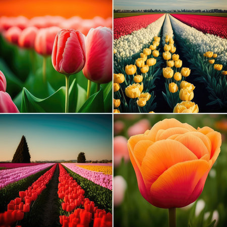 Tulip fields in Holland. Collage of colorful tulips.の素材