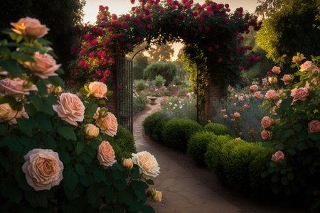 Beautiful rose garden at sunset. Beautiful roses in the garden.の素材