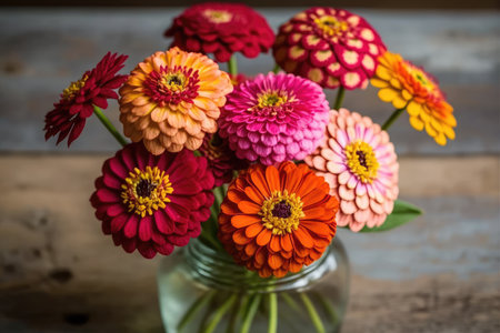 Colorful zinnia flowers in vase on wooden background.の素材
