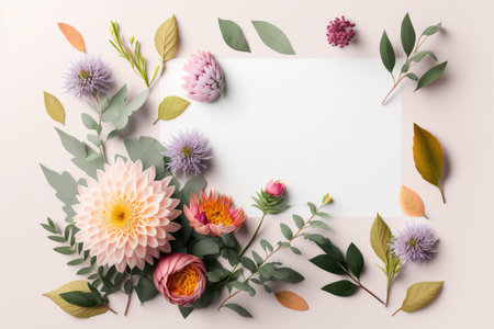 Flowers composition. Frame made of dahlia flowers, eucalyptus branches, leaves on pastel background. Flat lay, top view, copy spaceの素材