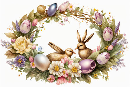 Easter wreath with bunnies, eggs and flowers. Watercolor illustrationの素材