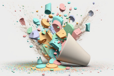 3d rendering of white paper cup with colorful splashes on white backgroundの素材