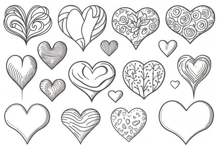 Set of hand drawn doodle hearts isolated on white background.の素材