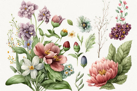 Vintage watercolor floral bouquet with dahlias, pansies, anemones, chrysanthemums, forget-me-nots. Hand drawn illustration.の素材