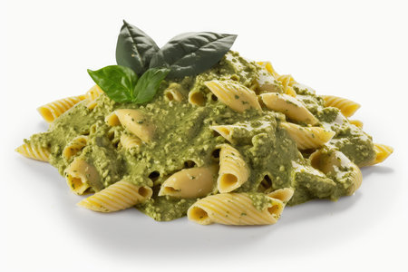 Pasta with pesto sauce and basil on a white background.の素材