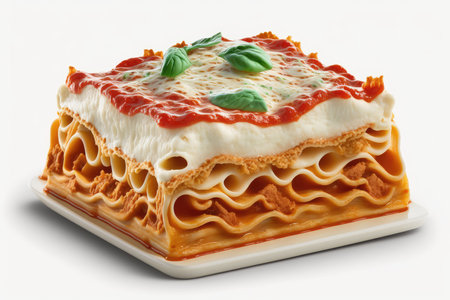 Piece of lasagna with tomato sauce and basil on white backgroundの素材