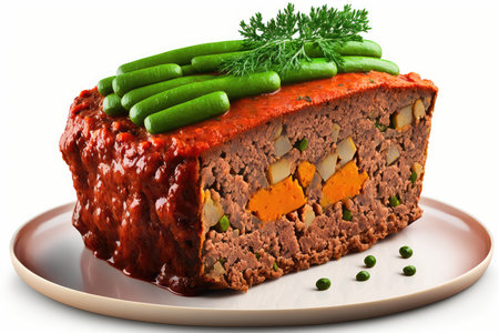 Meatloaf with vegetables on a plate isolated on white background.の素材